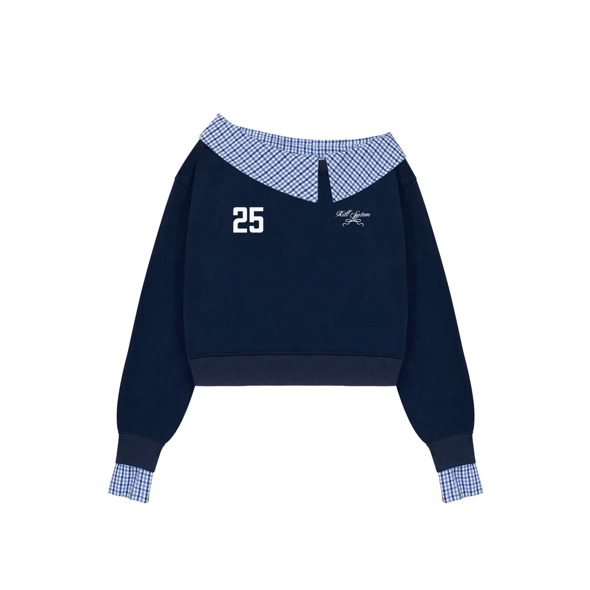 Áo sweater nỉ trễ vai tay dài KYLIE phối kẻ caro in thêu