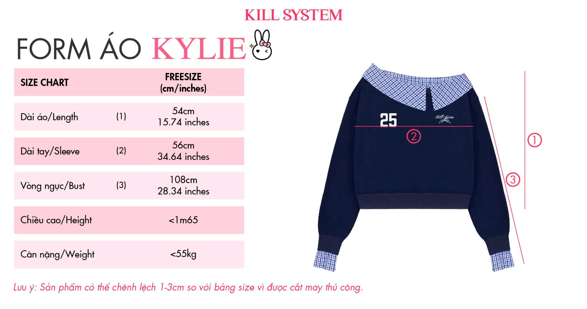 Áo sweater nỉ trễ vai tay dài KYLIE phối kẻ caro in thêu