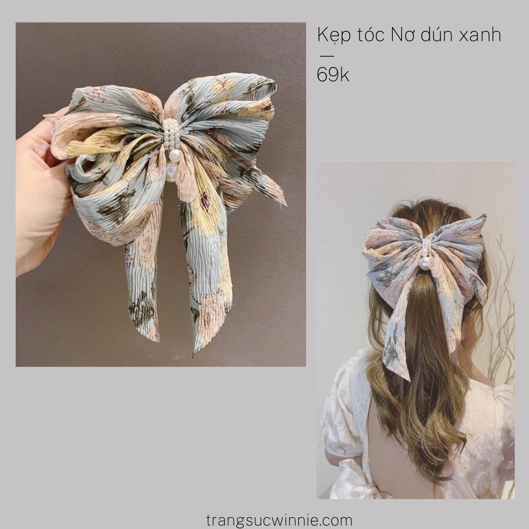 Kẹp tóc Nơ dún xanh