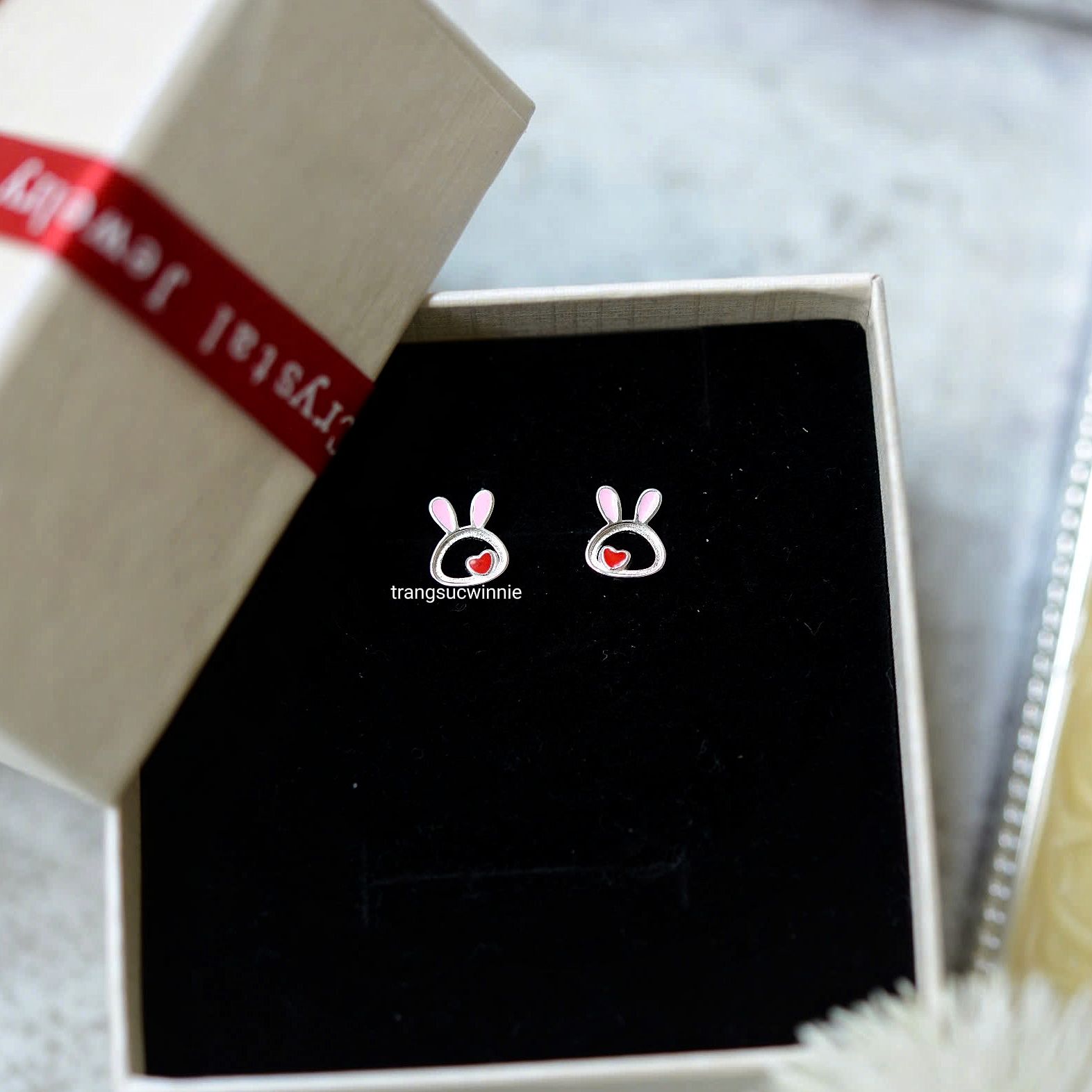 Hoa tai Bạc S925 Thỏ tim hồng
