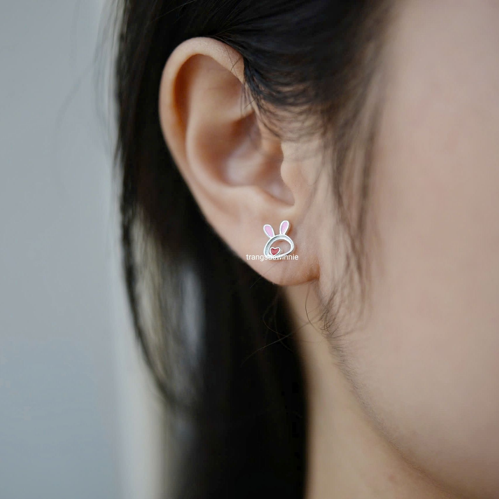 Hoa tai Bạc S925 Thỏ tim hồng