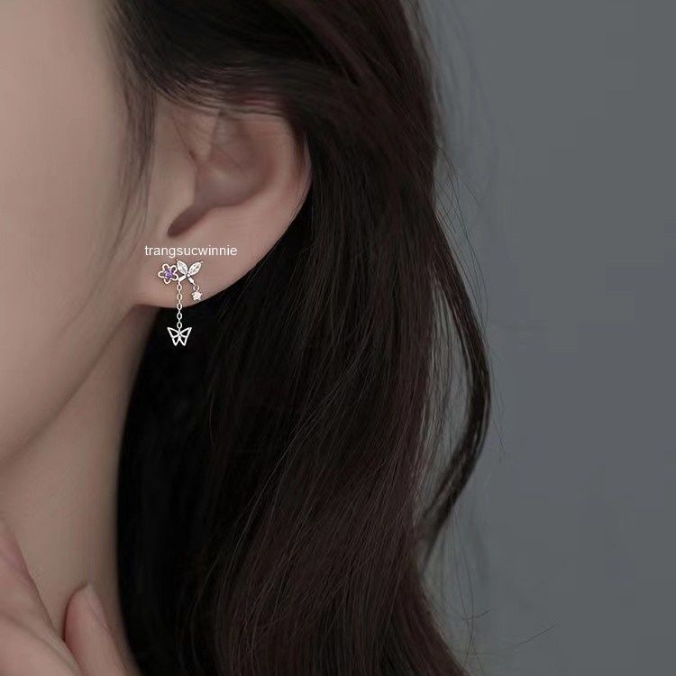 Hoa tai Bạc S925 Bướm tím dây