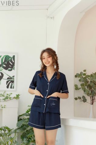 Pijama ngắn lụa trơn Navy Silk Py Set