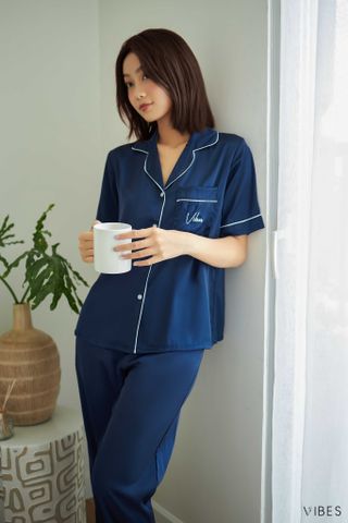 Pijama dài lụa trơn Navy Long Py Set