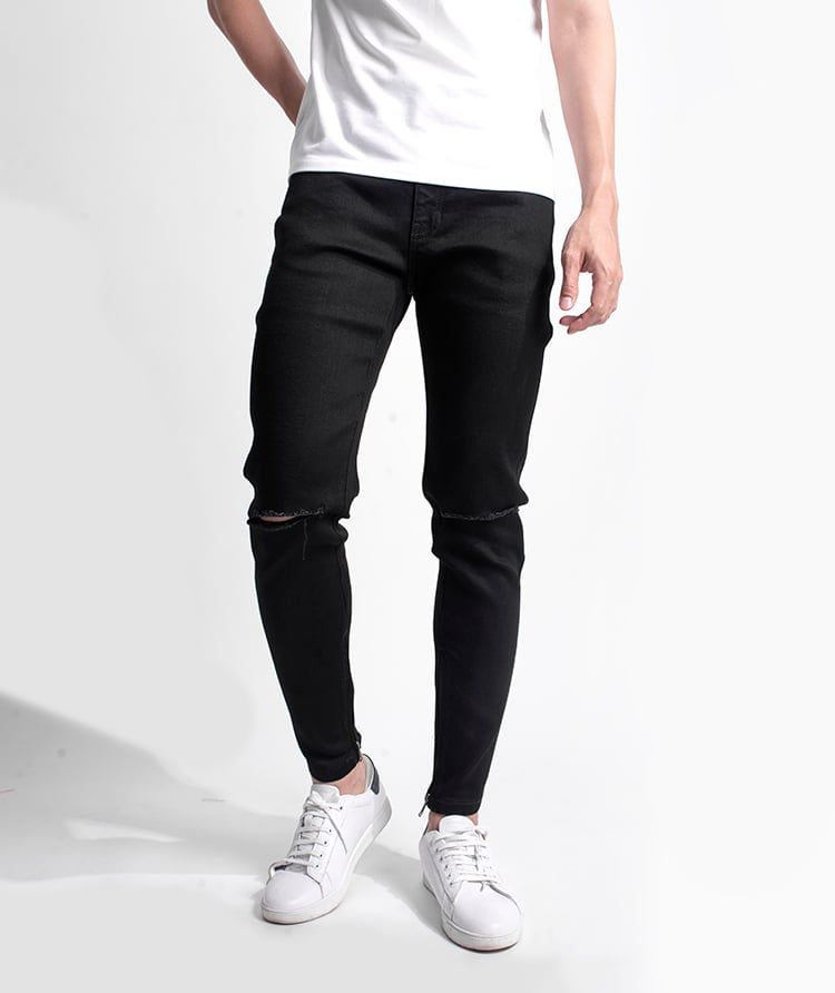 Quần Jean Nam Đen Rách Gối Phối Zip QJ127001