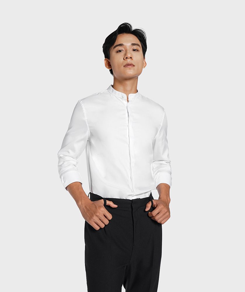 Áo Sơ Mi Nam Tay Dài Chéo Nhỏ Cổ Trụ Nẹp Ẩn - SM101101