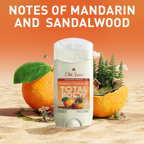 Lăn Khử Mùi Old Spice Total Body Absorbs Sweat Notes Of Mandarin + Sandalwood 85Gr (Sáp Trắng)