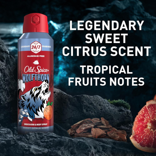 Xịt Khử Mùi Old Spice Wolfthorn Aluminum Free Body Spray Fresh Scent Of Mandarin Orange & Tropical Fruit 144Gr