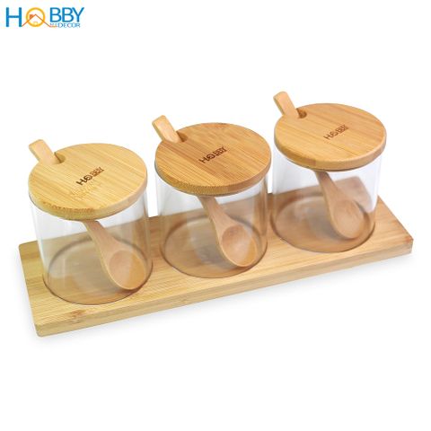 Bộ 3 hũ thủy tinh nắp gỗ đựng gia vị có nắp muỗng Hobby Home Decor VTD