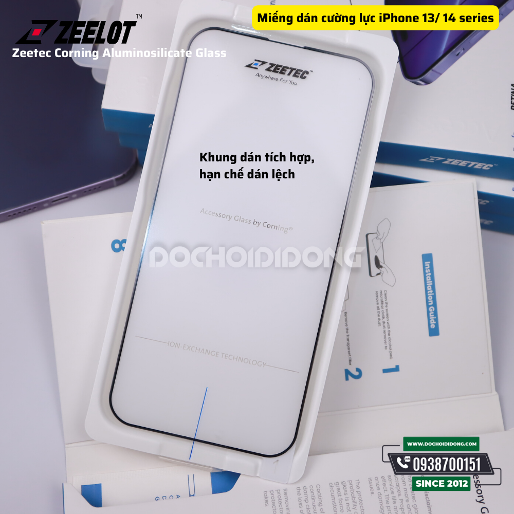 Miếng dán cường lực Zeelot Zeetec Corning kèm khung trợ dán cho iPhone 14 - 14 Plus / 13 Pro Max - 14 Pro - 14 Pro Max