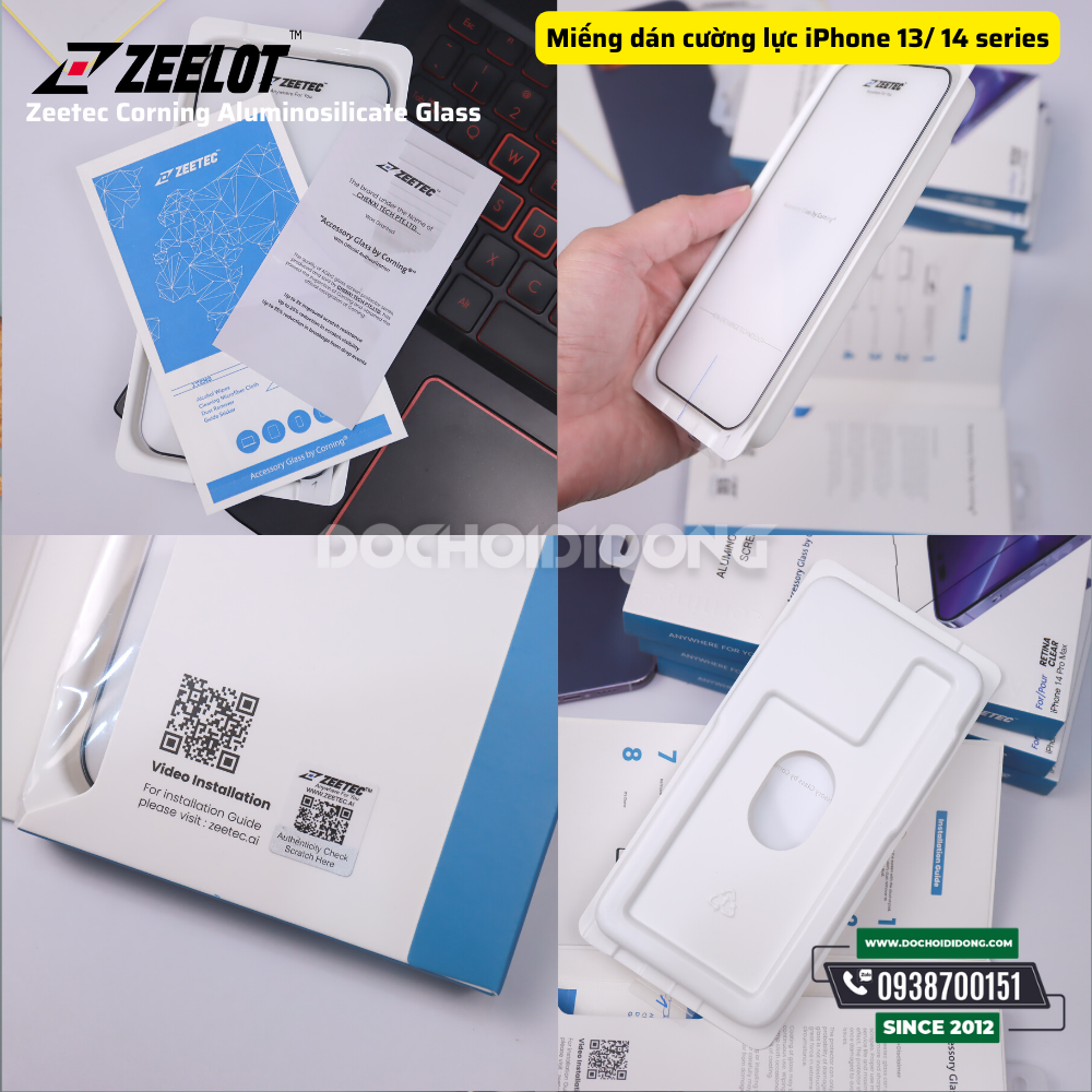 Miếng dán cường lực Zeelot Zeetec Corning kèm khung trợ dán cho iPhone 14 - 14 Plus / 13 Pro Max - 14 Pro - 14 Pro Max