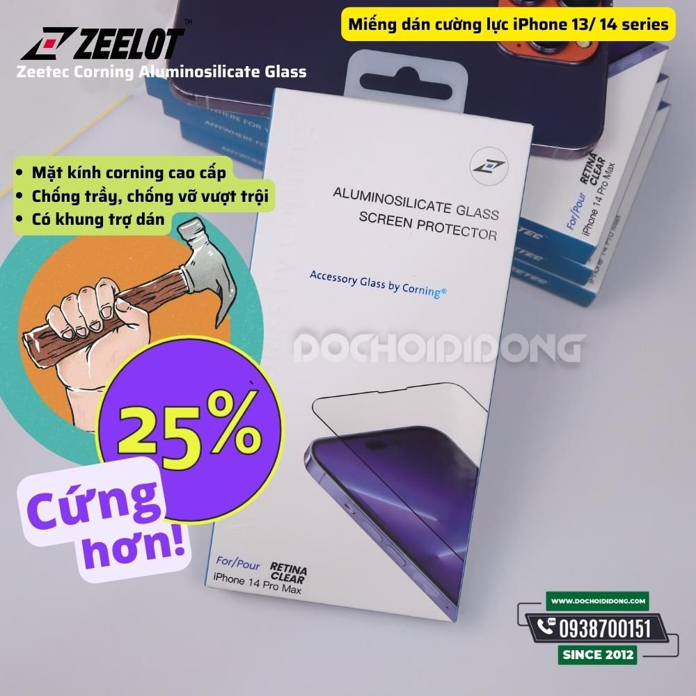 Miếng dán cường lực Zeelot Zeetec Corning kèm khung trợ dán cho iPhone 14 - 14 Plus / 13 Pro Max - 14 Pro - 14 Pro Max