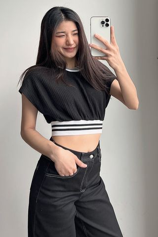 Áo croptop ôm thun waffle không tay phối bo