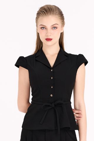 Áo peplum tuyết nhung gài nút phối tay con