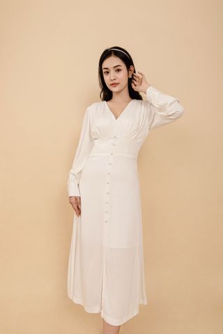 Đầm midi xòe cotton trắng cổ V phối nút trước