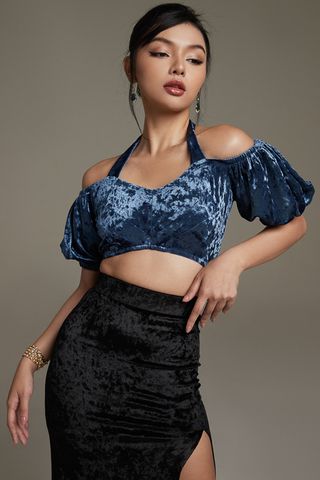 Áo croptop ôm nhung tay phồng phối nơ cột