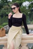 Chân váy midi cotton lạnh cột nhún