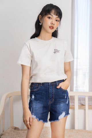 Quần shorts jean xanh đậm lai rách