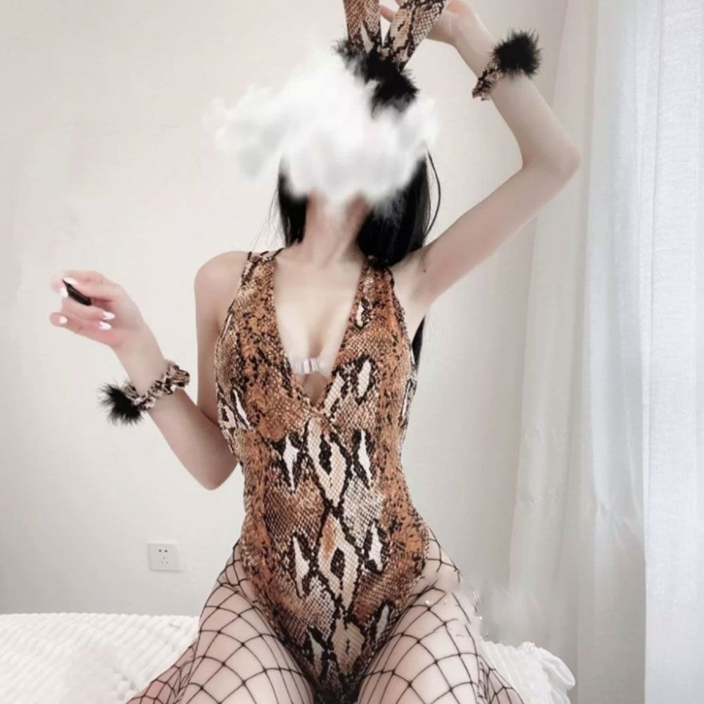 Thời trang sexy cosplay bodysuit nàng thỏ họa tiết rắn nâu NT14