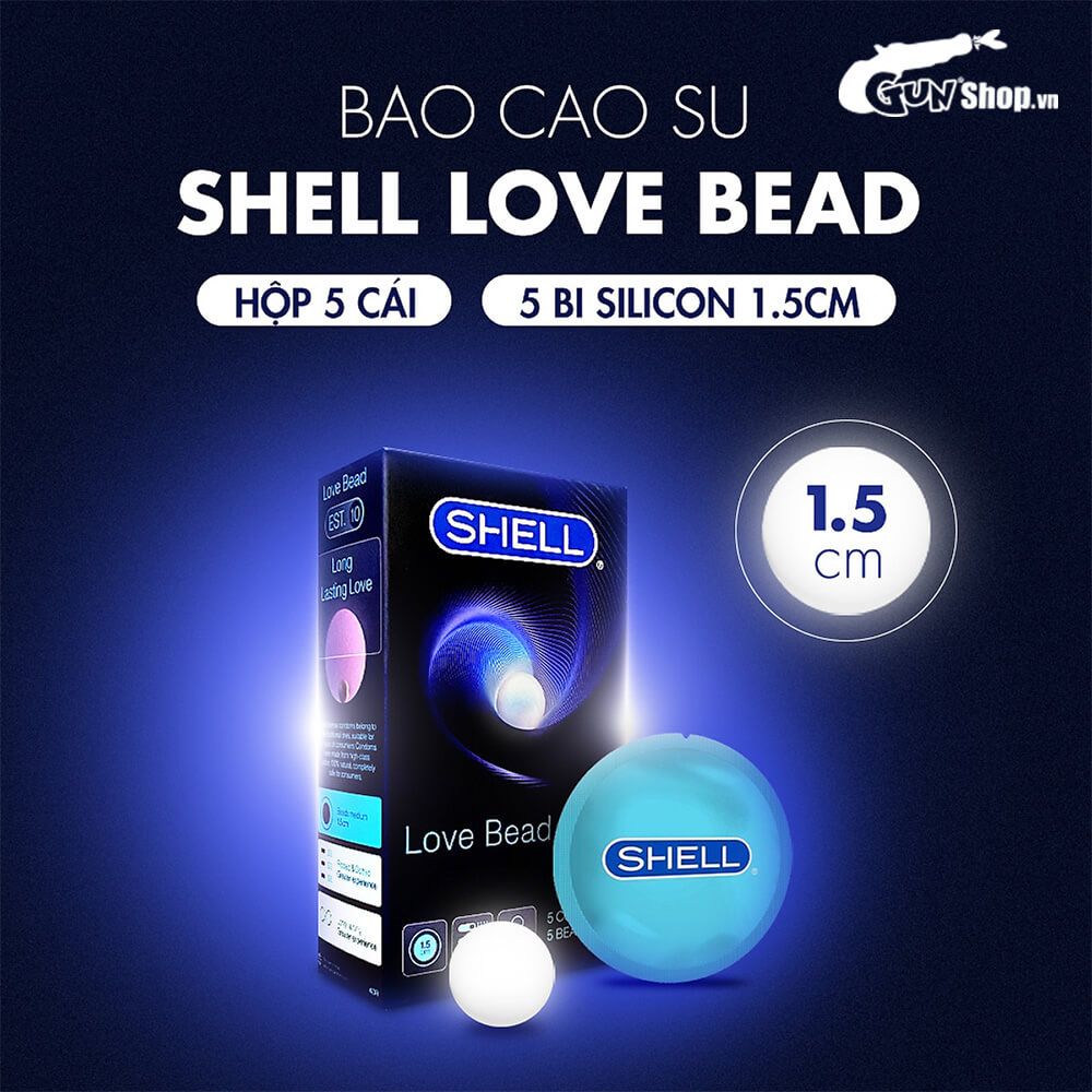 Bao cao su Shell Love Bead - Gân nổi, kéo dài thời gian, bi tăng 1.5cm - Hộp 5 cái