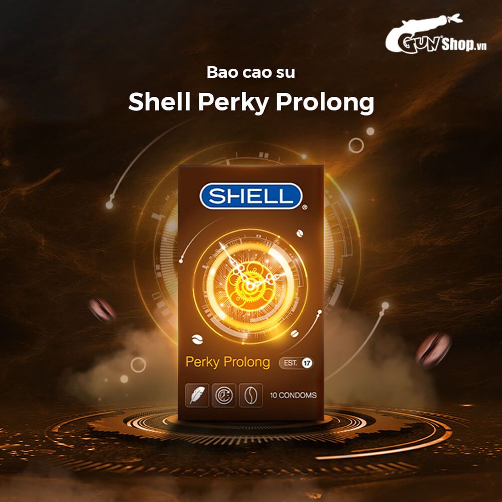 Bao cao su Shell Perky Prolong - Siêu mỏng, kéo dài thời gian, hương cà phê - Hộp 10 cái