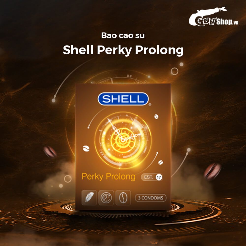 Bao cao su Shell Perky Prolong - Siêu mỏng, kéo dài thời gian, hương cà phê - Hộp 3 cái