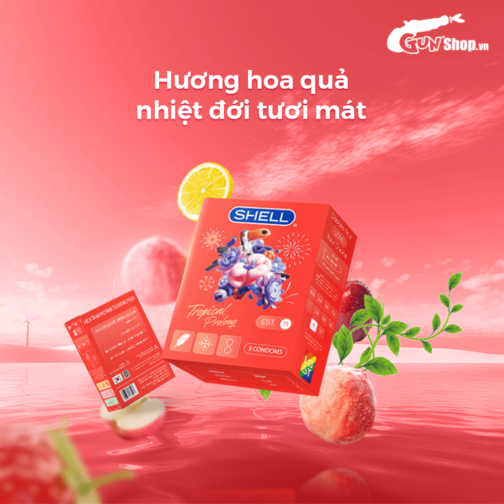 Bao cao su Shell Tropical Prolong - Siêu mỏng, kéo dài thời gian, hương hoa quả nhiệt đới - Hộp 3 cái