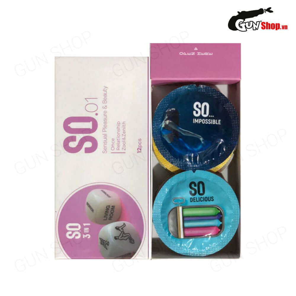 Bao cao su SO 3 in 1 - Siêu mỏng, gân và điểm nổi - Hộp 12 cái