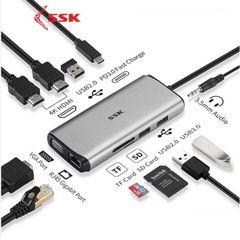 Hub Type C -> 2 USB 3.0 + USB 2.0 + 2 HDMI + VGA + Lan 1000 + TF + SD + Audio + PD 87W SC200 SSK