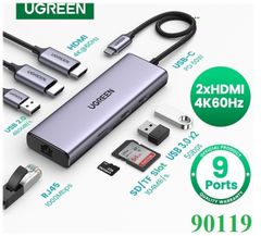 Thiết bị mở rộng 9 in 1 USB Type C ra 2 cổng HDMI/USB/Lan Gigabit/PD 60W/SD/TF Ugreen 90119