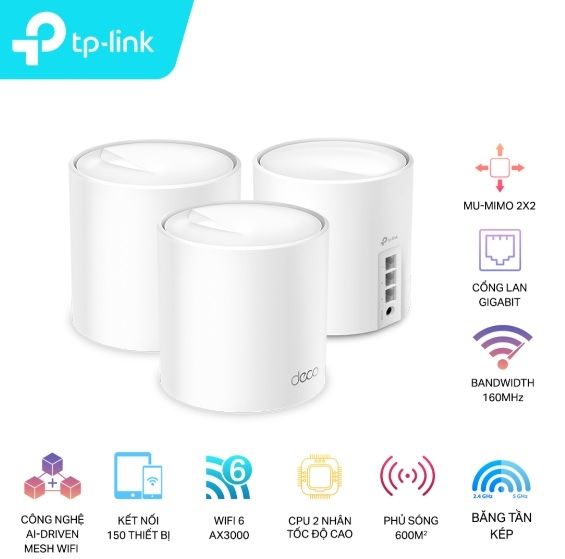 Bộ phát wifi 6 TP-Link Deco X50 3-Pack (Chuẩn AX/ AX3000Mbps/ 2 Ăng-ten ngầm/ Wifi Mesh)