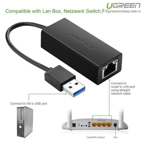 Cáp chuyển USB 3.0 --> Lan 10/100/1000 Mbps Ugreen (20256) màu đen