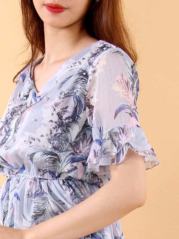 Đầm Chiffon xòe bo eo màu xám xanh