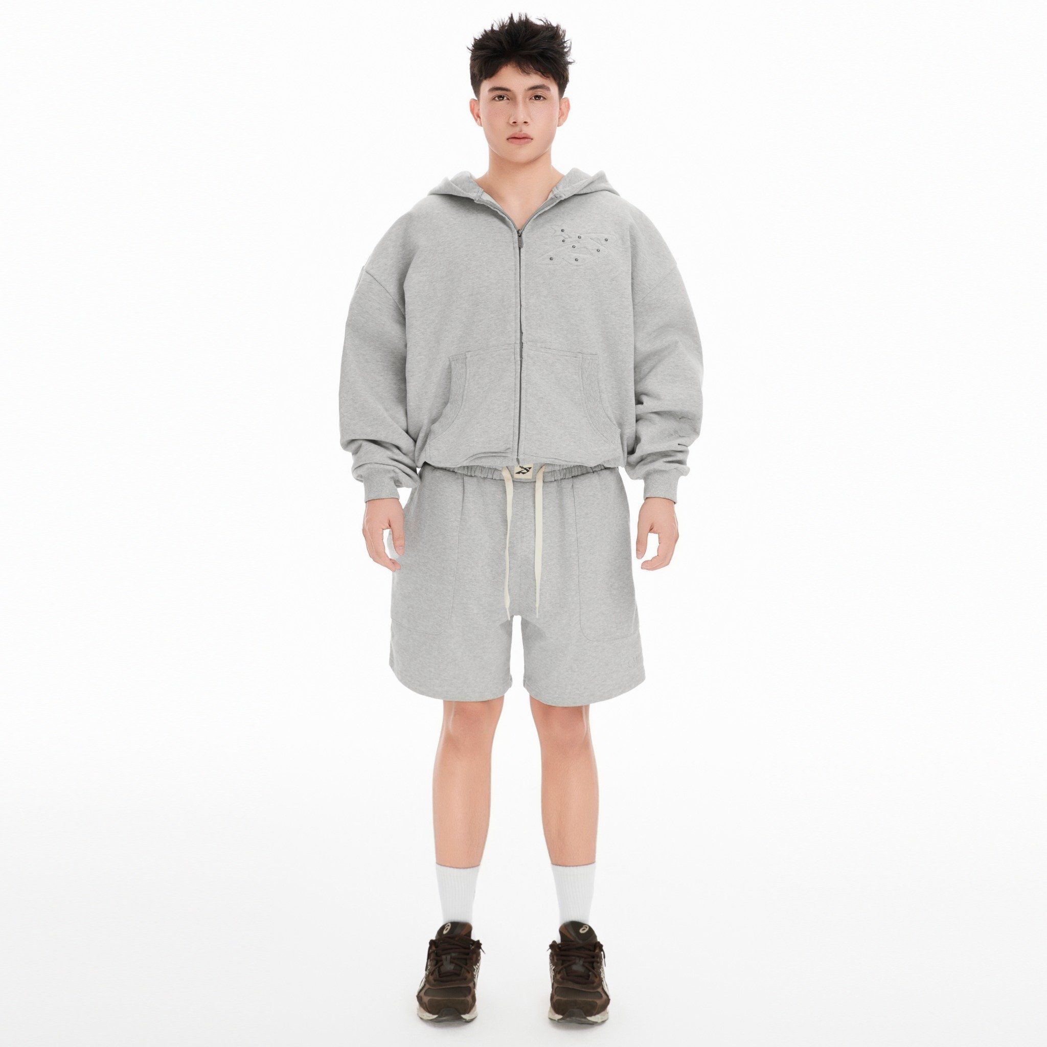 SWE STUDDED ZIP HOODIE - GRAY