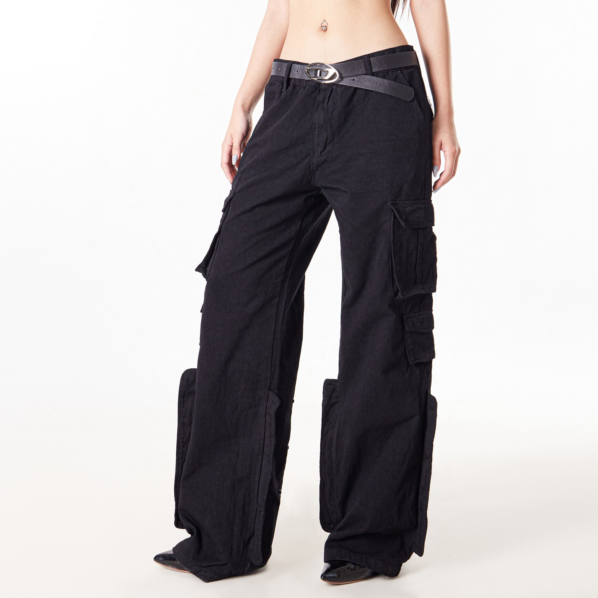 BUTTON CARGO PANTS - BLACK