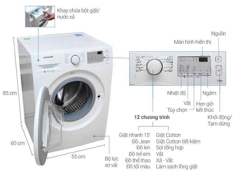 Máy giặt 7.5 Kg Samsung WW75J4233GS/SV lồng ngang