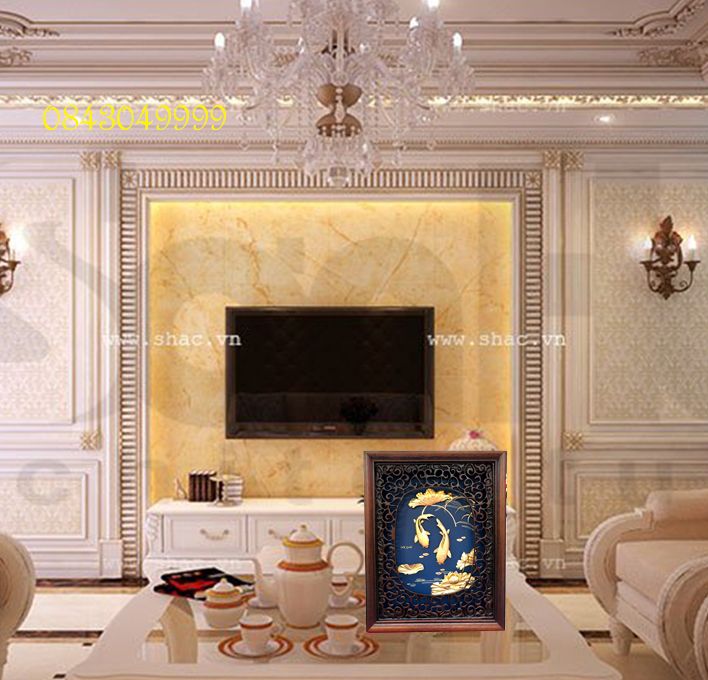 Tranh Cá Chép Hoa Sen Mạ Vàng 24K - 2532 Xanh