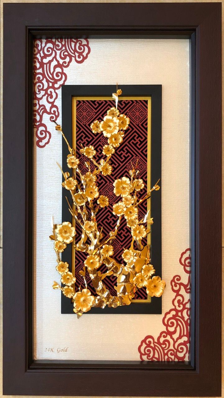 Tranh Tứ Quý Mai Lan Cúc Trúc Lá Vàng 24K