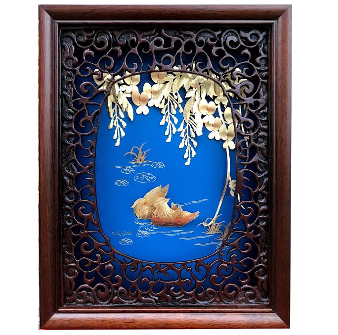 Tranh Uyên Ương Hồ Điệp Lá Vàng 24K