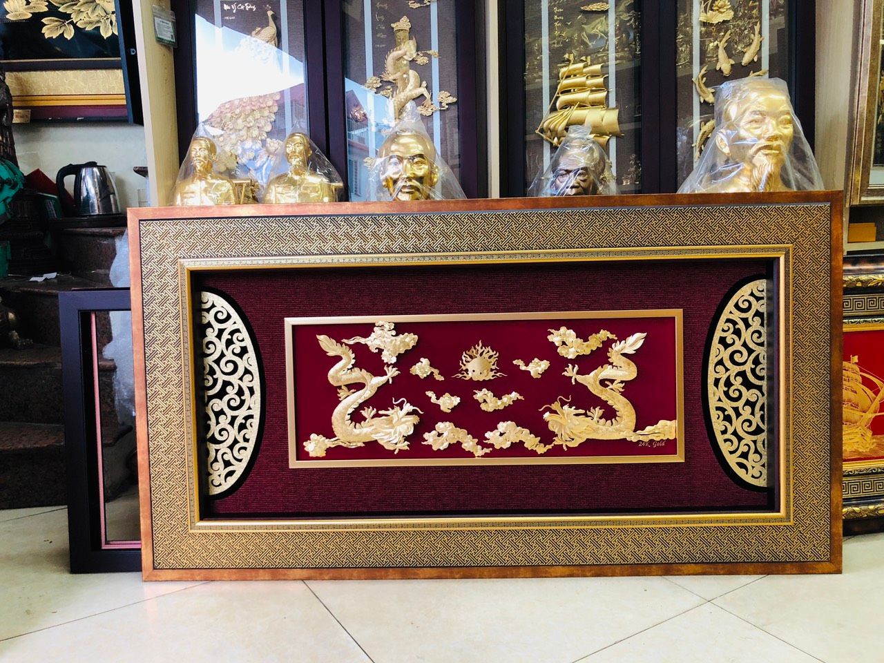 Quà Tặng Víp - Song Long Chầu Nguyệt Lá Vàng 24K