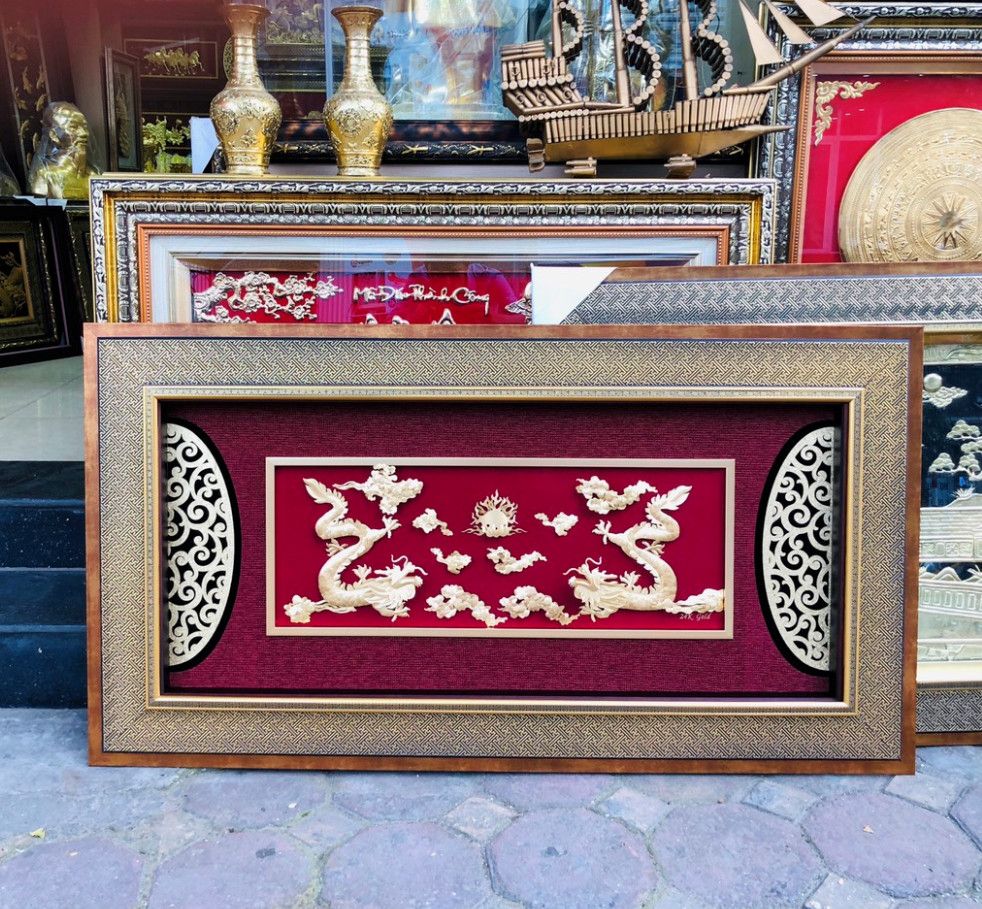 Quà Tặng Víp - Song Long Chầu Nguyệt Lá Vàng 24K