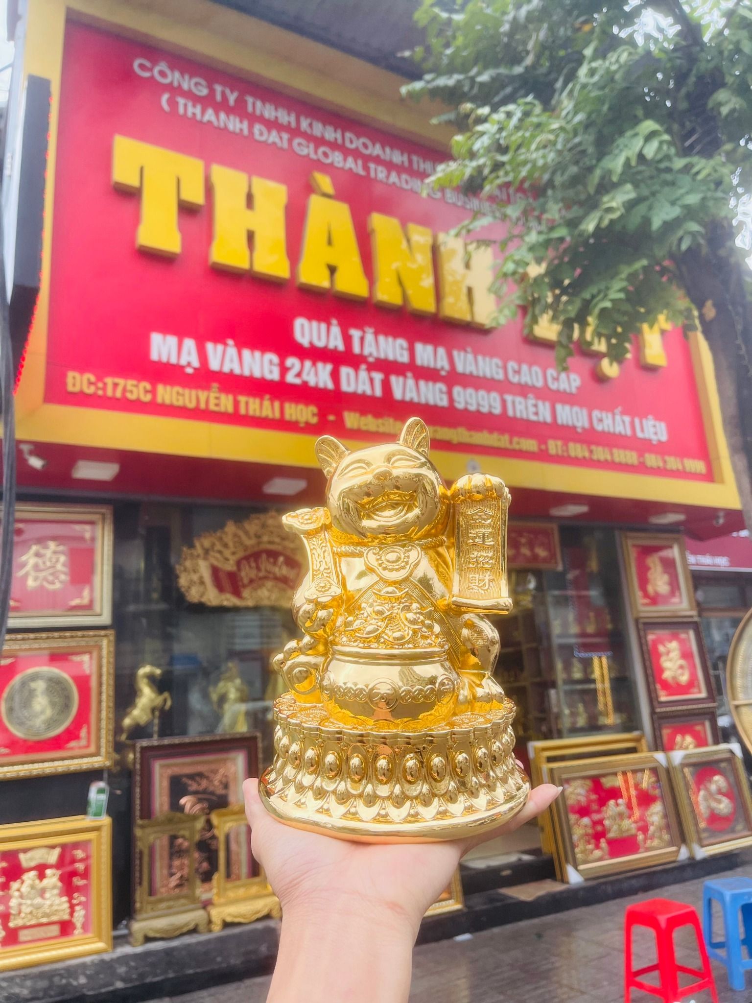 Tượng Mèo Chiêu Tài Mạ Vàng