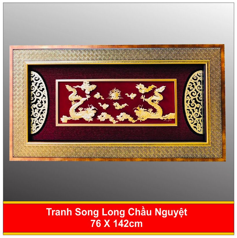 Tranh Rồng Song Long Chầu Nguyệt Mạ Vàng 24K