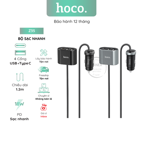 Bộ Sạc Nhanh Hoco Z35 Xe Hơi 3 Cổng Usb 1 Cổng Type C 3.0a Dài 1.2m