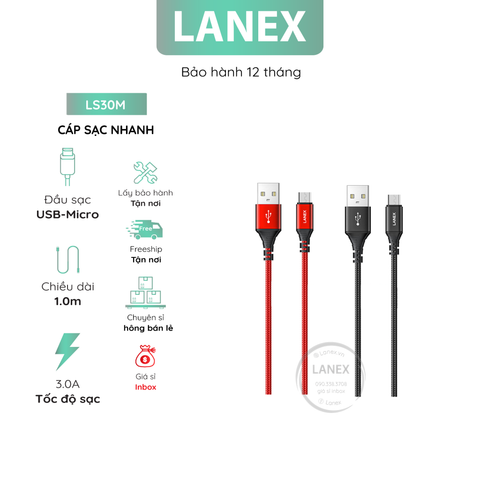 Cáp Sạc Nhanh Lanex Ls30m Dây Dù Micro USB 3.0a Dài 1.0m
