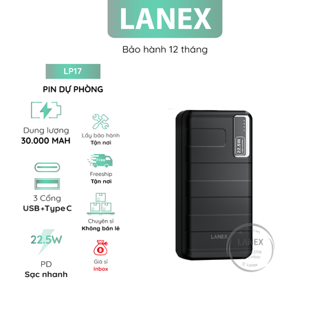 Pin Dự Phòng Lanex Lp17 Abs + 2 Cổng Usb 1 Cổng Type C 3.0a Pd Qc3.0 22.5w 30000mah Đèn Led