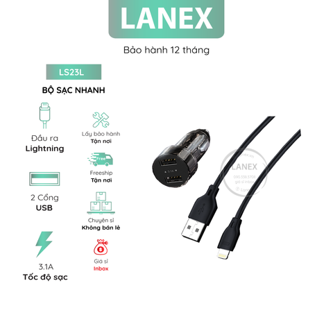 Bộ Sạc Nhanh Lanex Lq11l Xe Hơi Nhựa Trong Suốt 2 Cổng Usb Lightning 3.1a