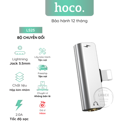 Bộ Chuyển Đổi Hoco Ls25 1 Đầu Lightning 1 Đầu Jack 3.5mm 2.0a Không Hỗ Trợ Mic