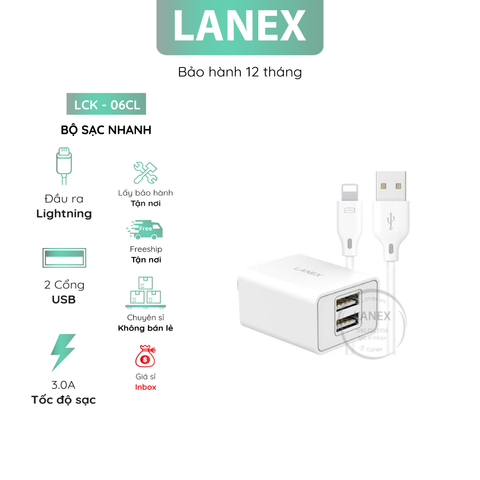 Bộ Sạc Nhanh Lanex Lck - 06cl 2 Cổng Usb Lightning 3.0a Dài 1.0m