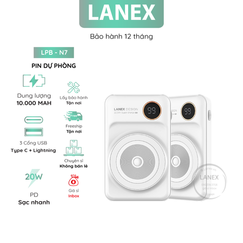 Pin Dự Phòng Lanex Lpb - N7 2 In 1 ( Type C Lightning ) 1 Cổng Usb 1 Cổng Type C 1 Cổng Lightning Pd 20w Tích Hợp Sạc Không Dây 15w 10000mah Màn Hình Led